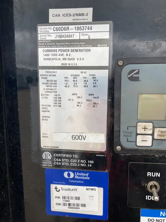 2019 Cummins C60D6R Diesel Generator
