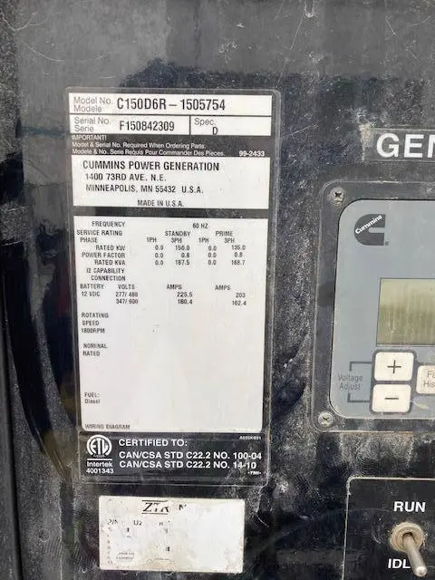2015 Cummins C150D6R Diesel Generator