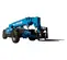 Front angled view of blue Genie telehandler with retracted boom and black forks.