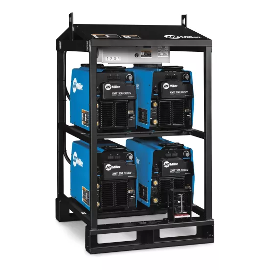 Blue and black MILLERELEC Welder Rack, 350 Amps, 4 Pack
