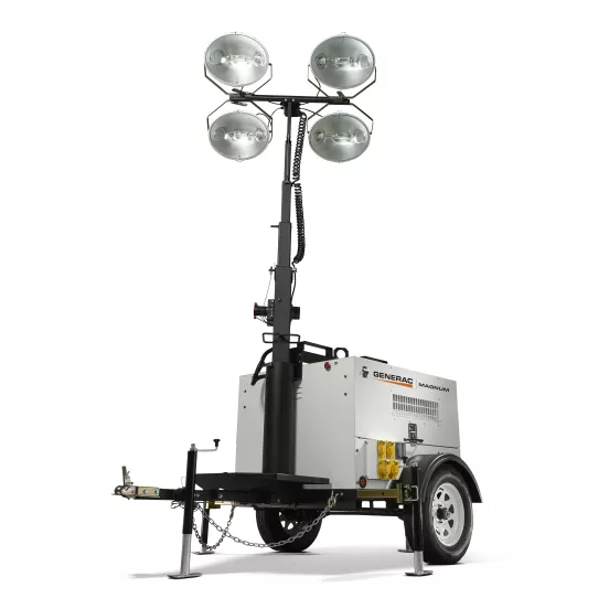 White and black Generac diesel powered Towable Light Tower with a Generator and Vertical Mast